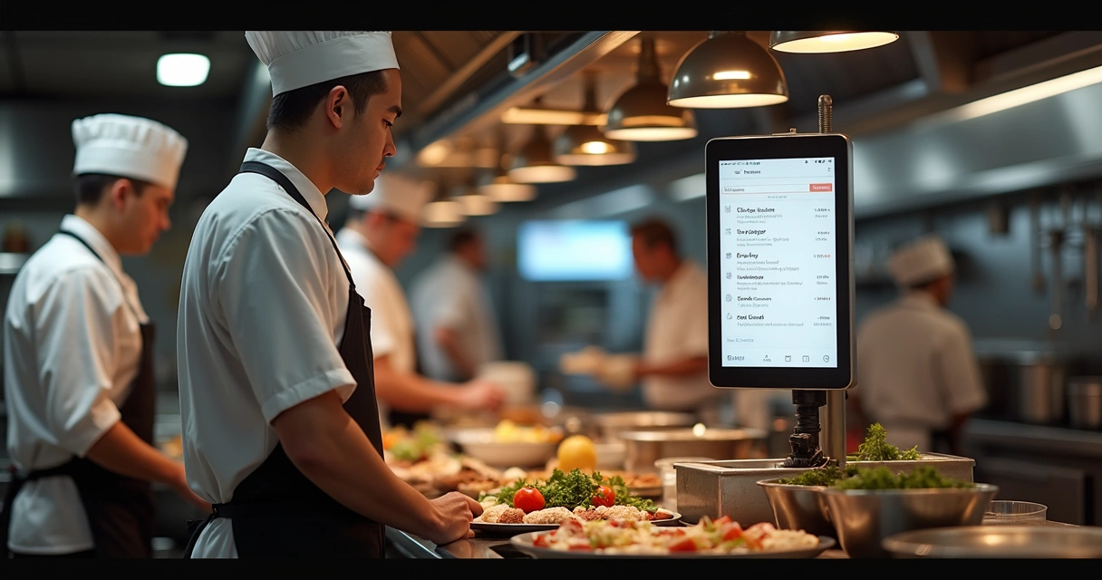Tablet com cardápio digital em uso dentro de uma cozinha de restaurante 