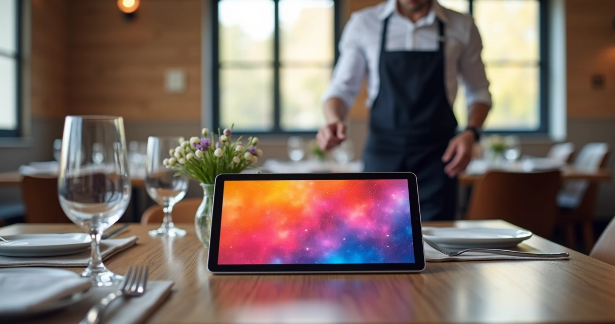 Tablet exibindo cardápio digital colorido em mesa de restaurante com garçom ao fundo 