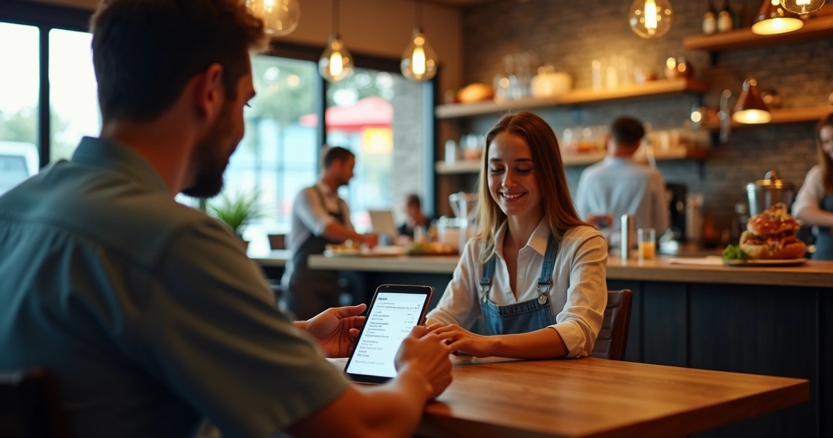 Celular mostra cardápio digital de restaurante, com mesas ao fundo.