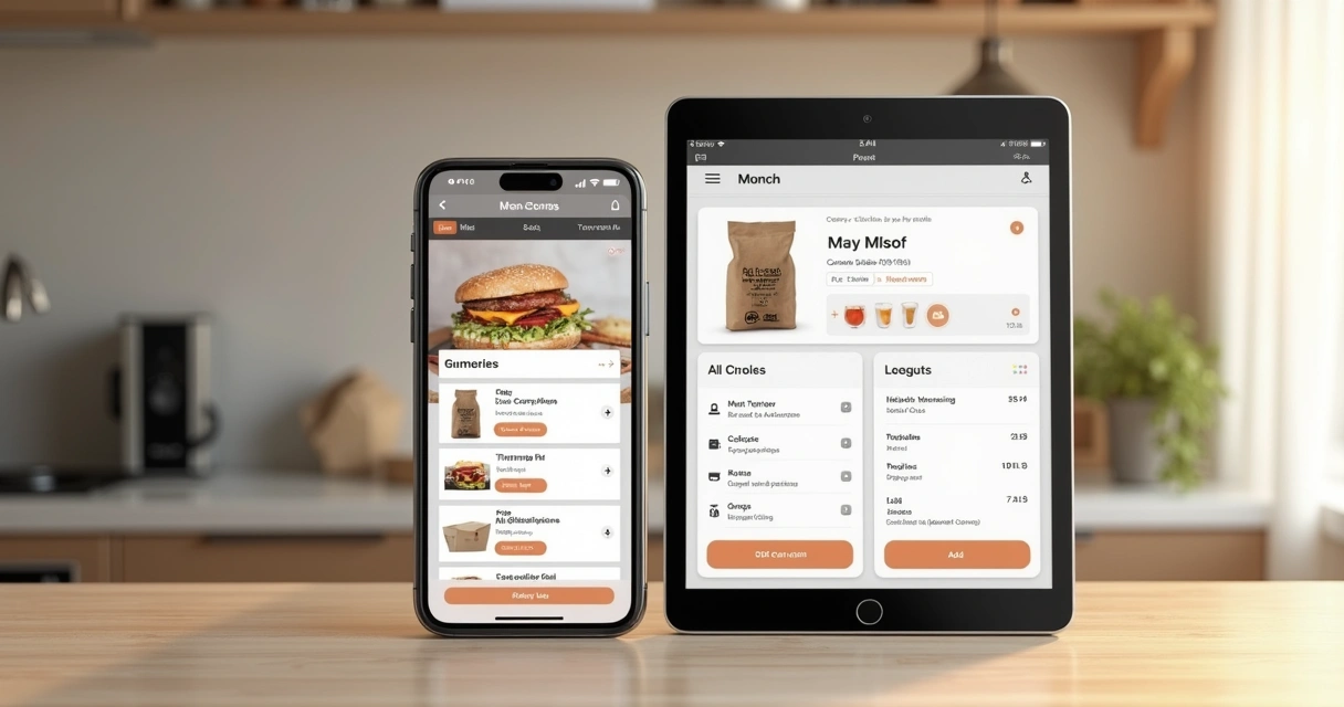 Cardápio digital de delivery mostrado em celular e tablet 