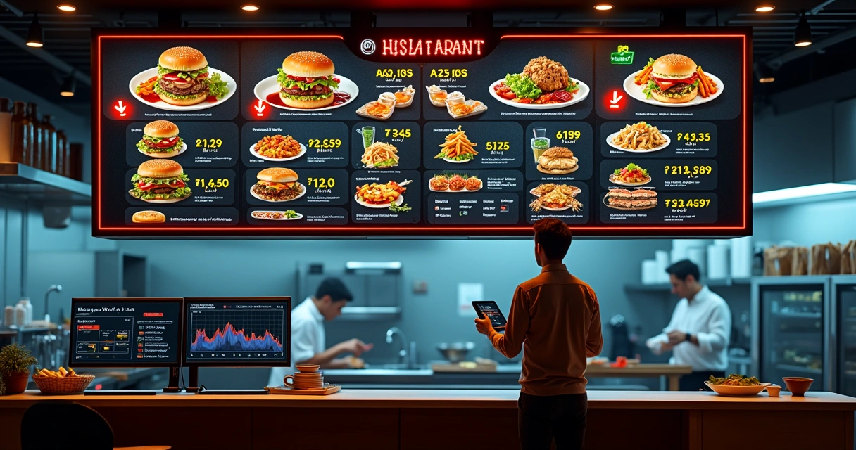 Painel digital de cardápio exibindo pratos com preços mudando em tempo real 