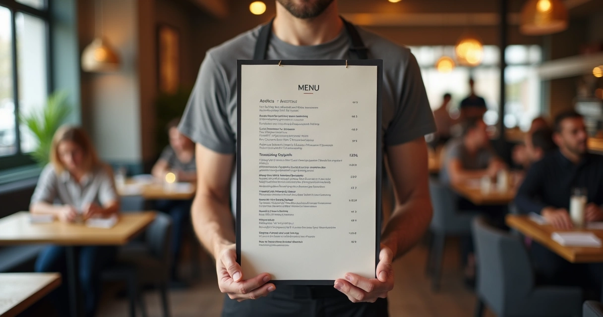 Garçom segurando um cardápio pequeno em restaurante intimista 