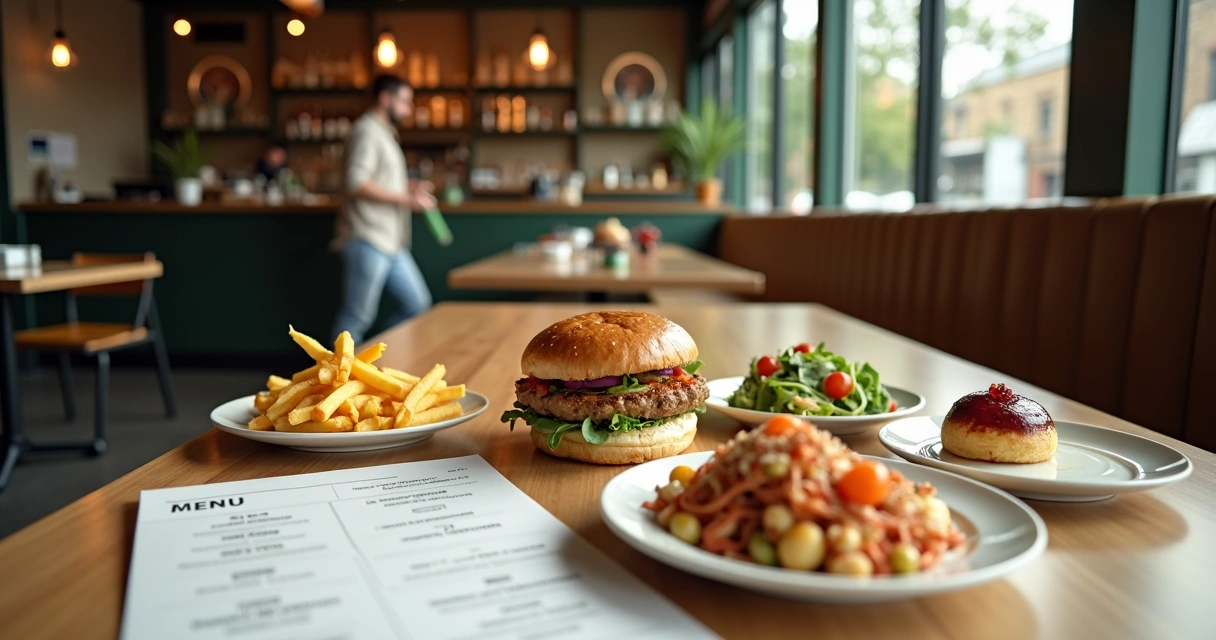 Mesa de restaurante com poucos pratos variados em cardápio enxuto 