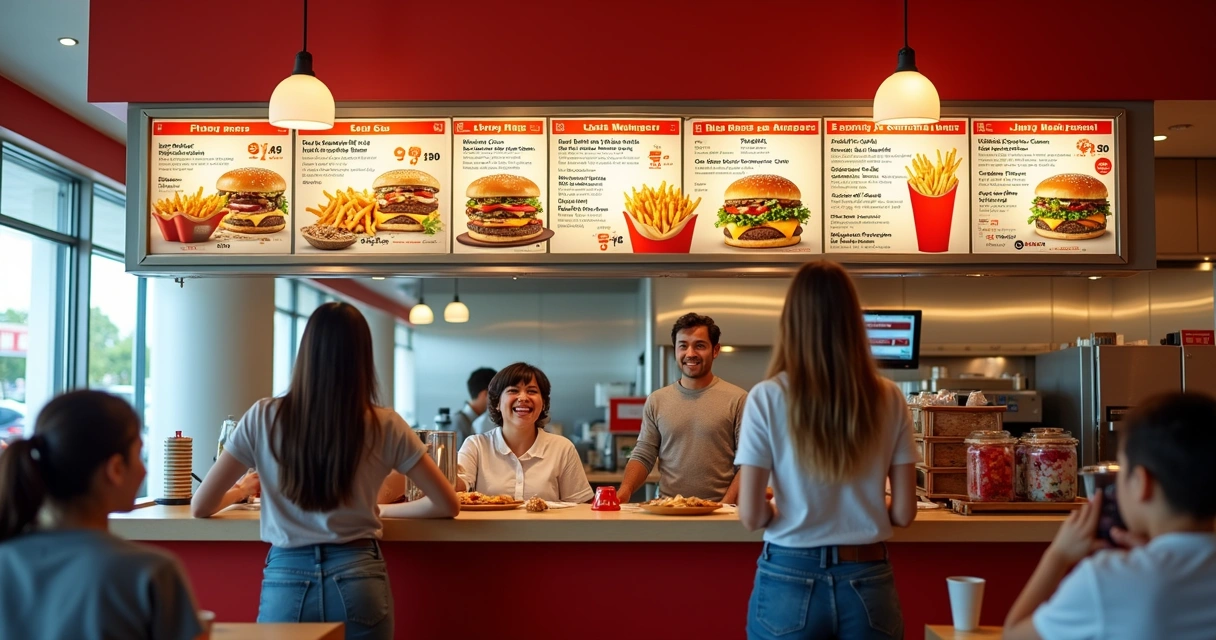 Cardápio com fotos de hambúrgueres, batatas e refrigerantes 