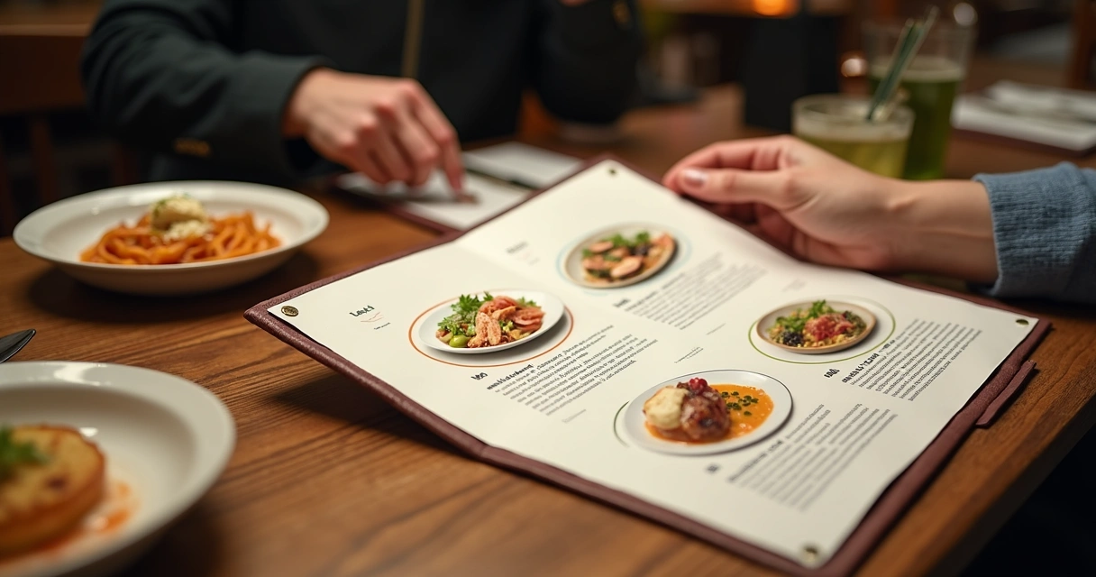 Cardápio de restaurante com destaques visuais em pratos específicos 