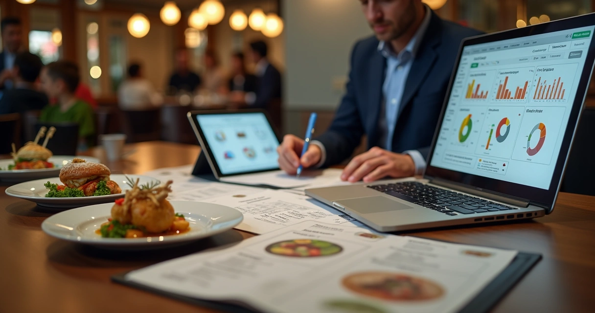 Gestor analisando cardápio de restaurante com dados e margem de lucro na tela 