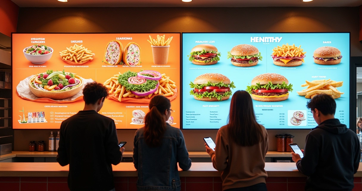 Cardápio digital de fast-food mostrando opções saudáveis ao lado de opções tradicionais 