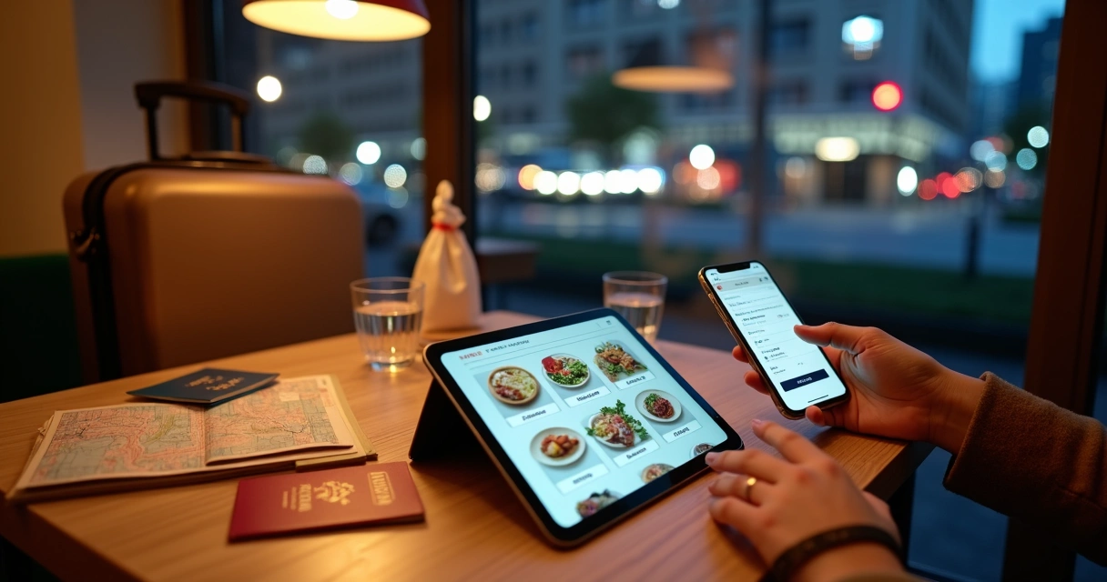 Mesa com tablet mostrando cardápio de delivery com idiomas diferentes lado a lado 