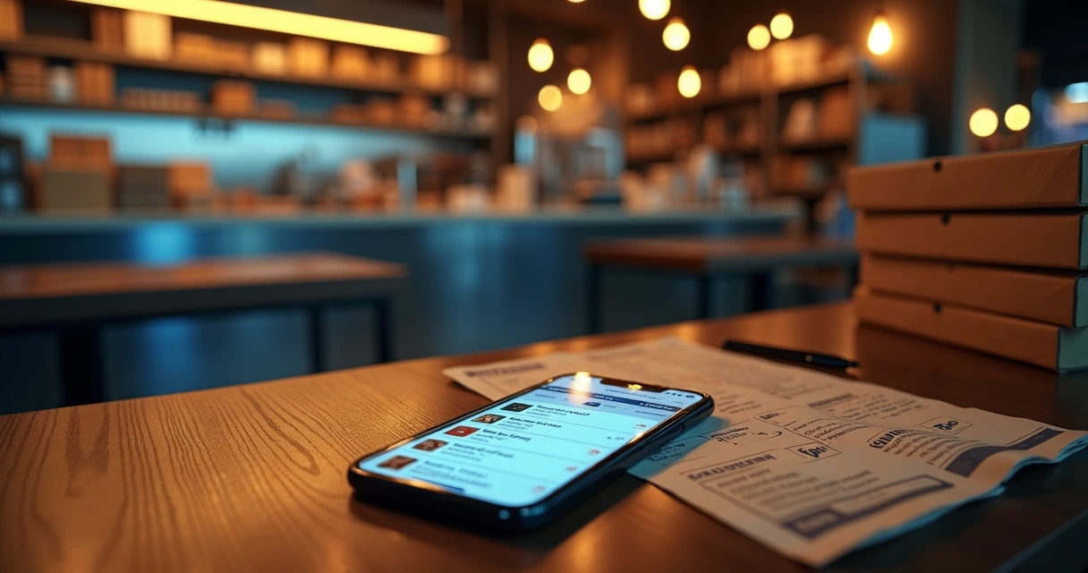 Restaurante vazio com tela de celular mostrando cardápio escondido nos apps de delivery 