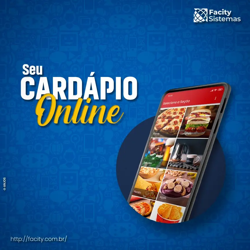Tela de celular mostrando um cardápio online com categorias de pizzas, lanches, bebidas, café, pastéis, açaí e sucos