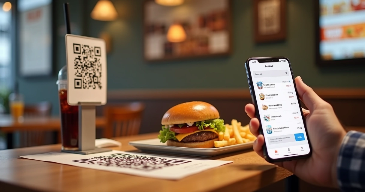 Mesa de lanchonete com QR code e hambúrguer ao lado 