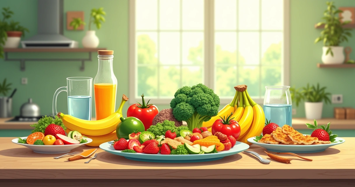 Cardápio saudável em uma mesa de madeira, com frutas, vegetais, proteínas e água.