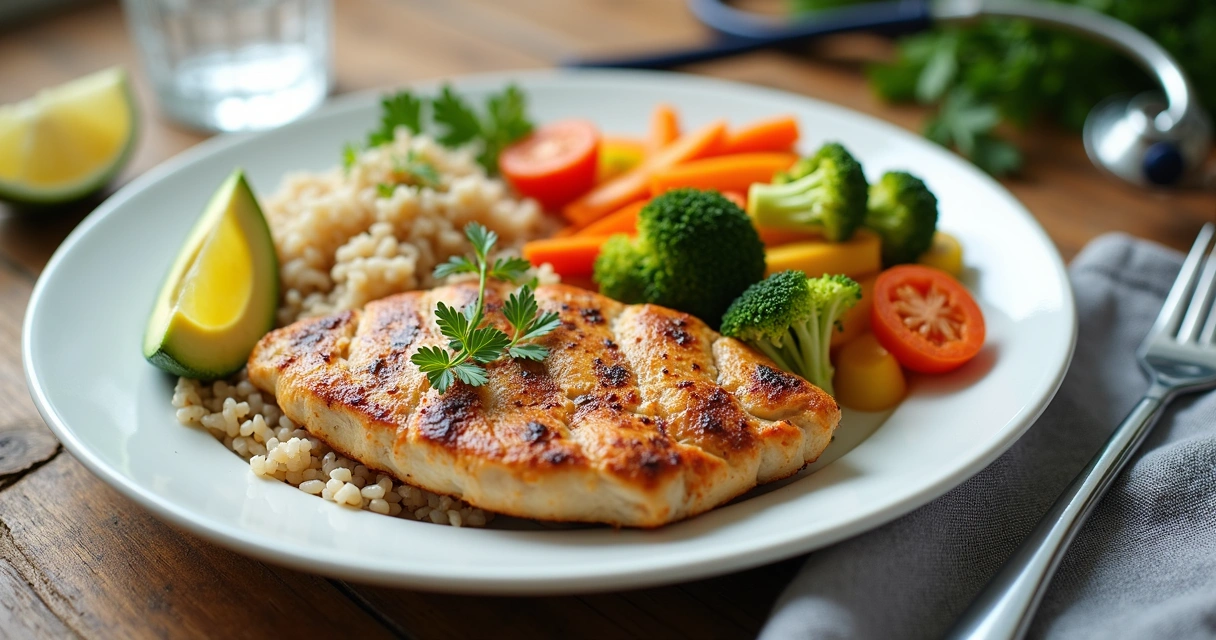 Prato com alimentos recomendados para insuficiência cardíaca incluindo verduras, arroz integral e peito de frango grelhado
