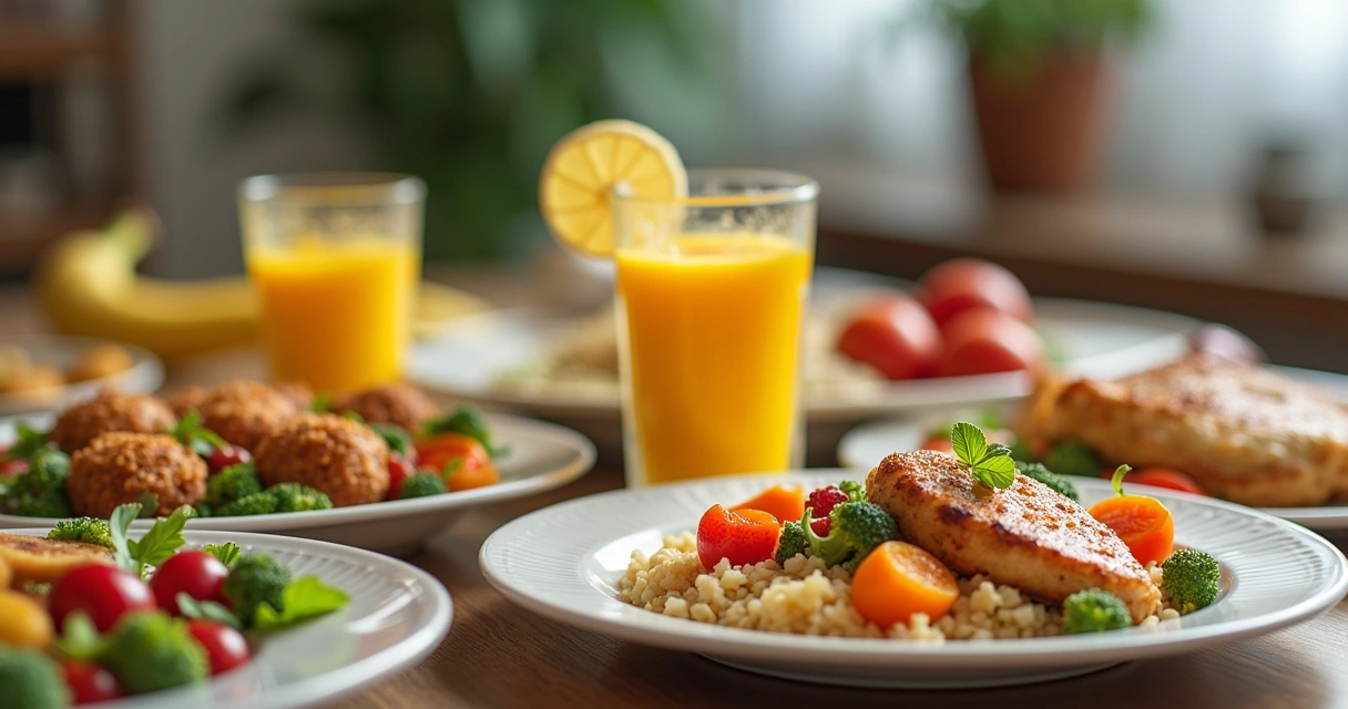 Cardápio saudável semanal com refeições variadas, smoothies, saladas e suplementos em uma mesa colorida.