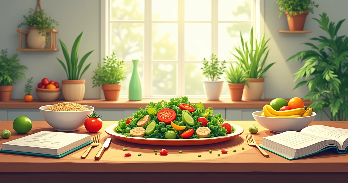 Mesa de cozinha organizada com prato de salada, grãos, frutas frescas e livro de receitas aberto.