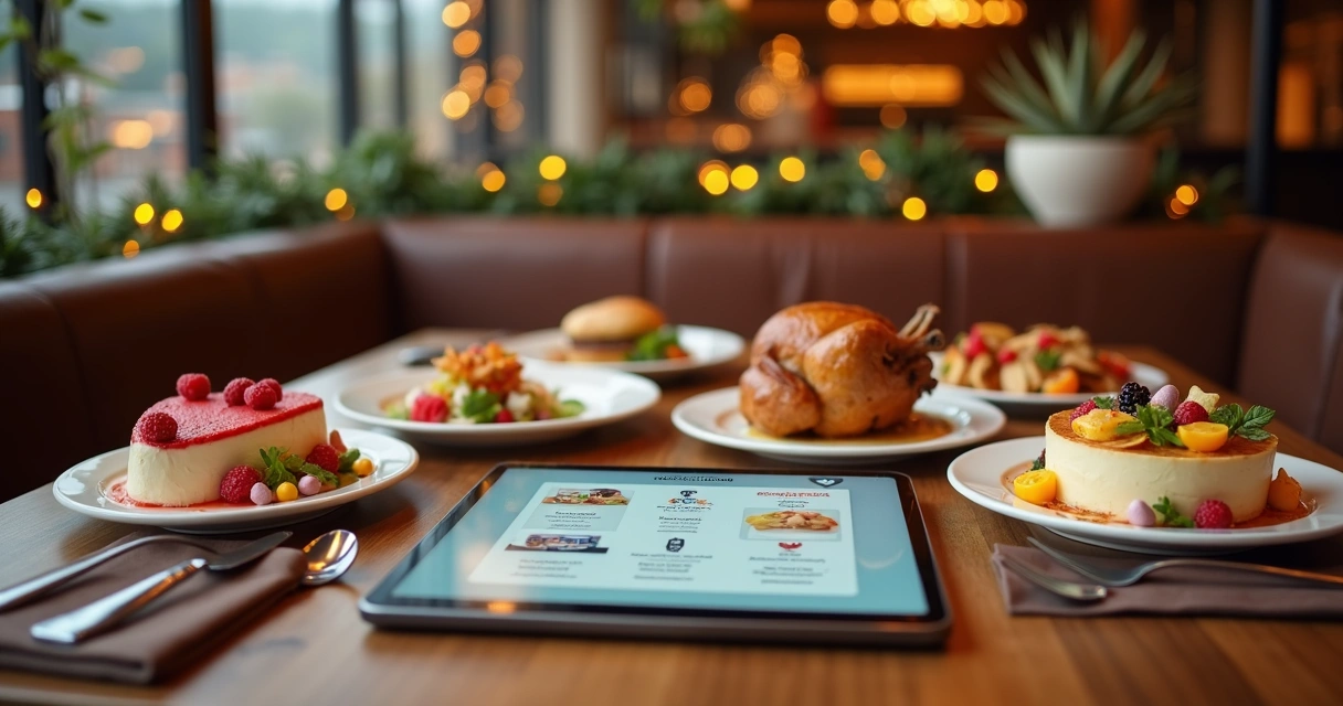 Mesa de restaurante com pratos sazonais variados e cardápio digital em tablet 