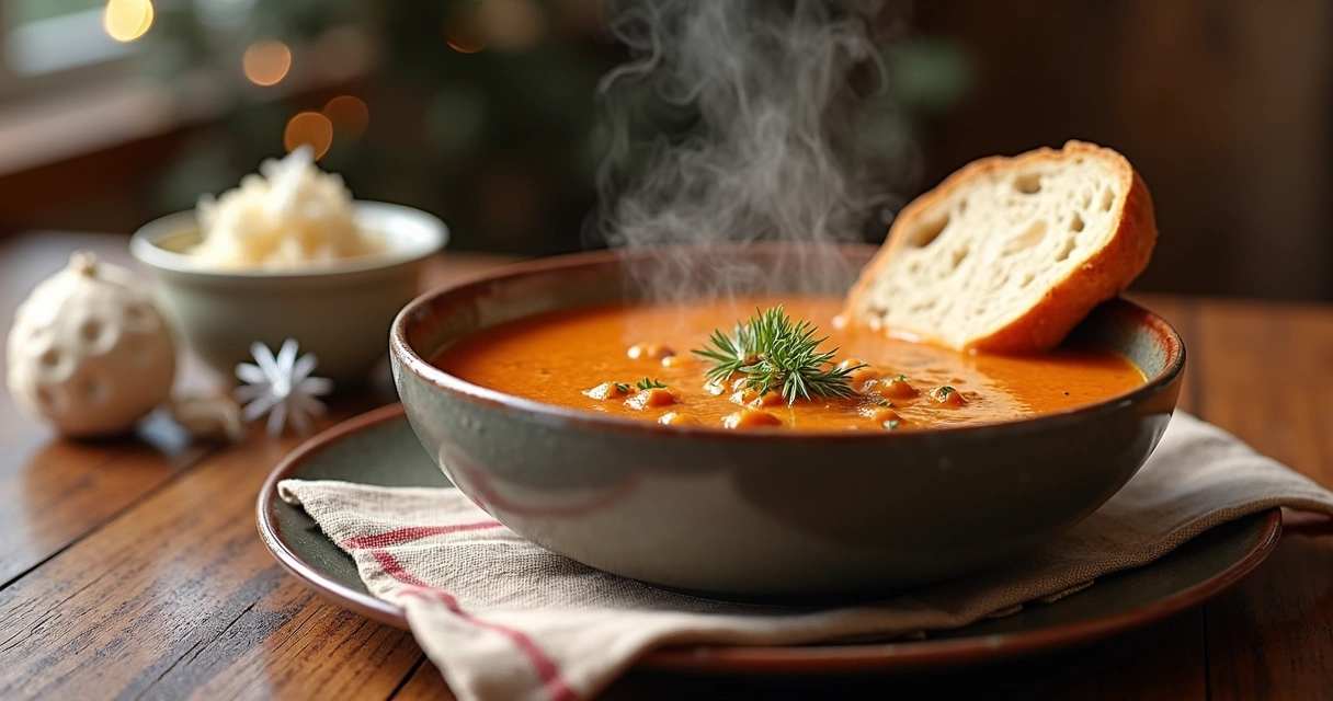 Caldo quente com pão em prato rústico sobre uma mesa de madeira 