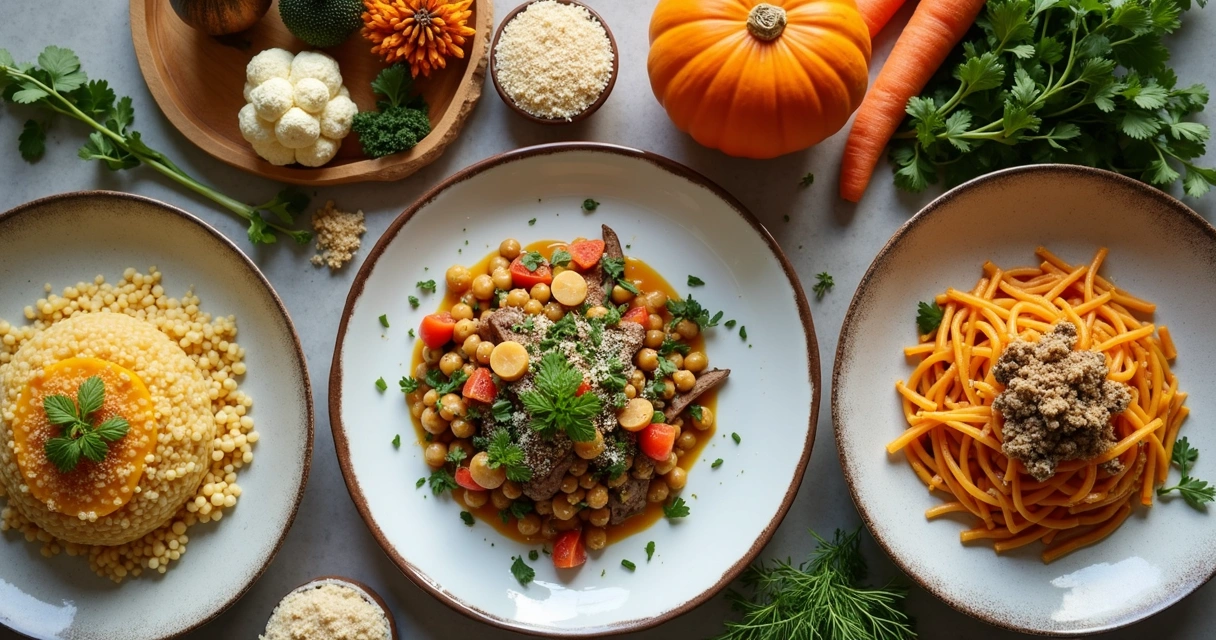 Pratos veganos sazonais apresentados em mesa de restaurante 