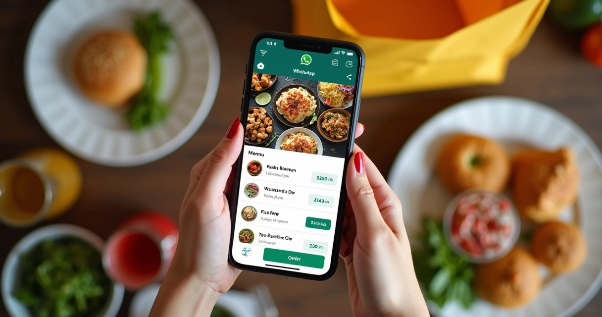 Cardápio digital de delivery exibido pelo WhatsApp em smartphone de mulher 