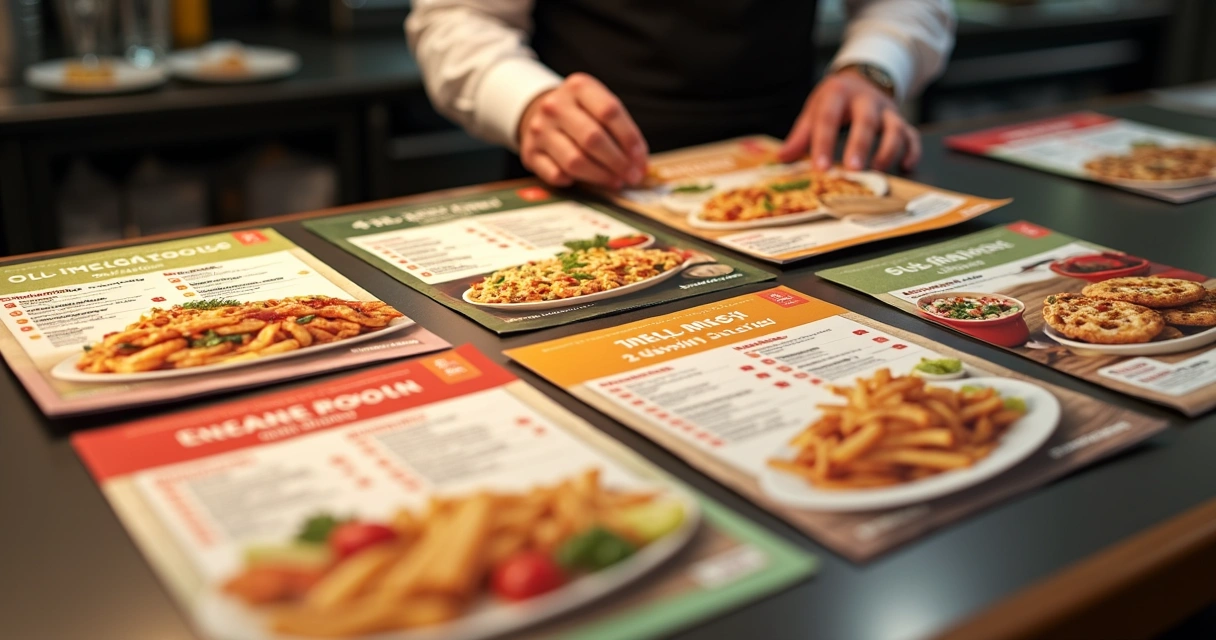 Cardápios ilustrados de diversas marcas licenciadas para delivery sobre uma mesa 