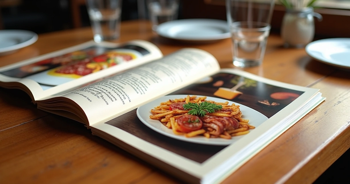 Menus plastificados dispostos sobre uma mesa de restaurante 