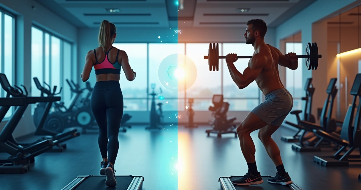 Homem e mulher treinando meia musculação meia corrida na mesma academia 