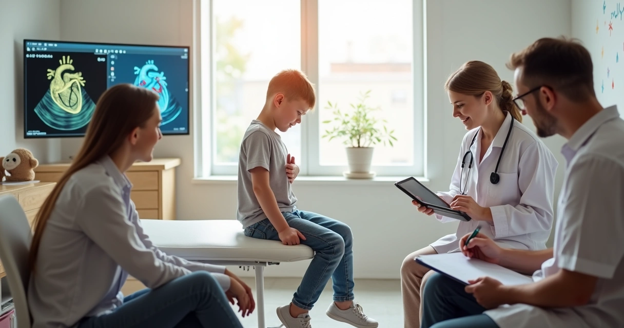 Criança em consulta de cardiologia pediátrica com equipe multidisciplinar ao redor 