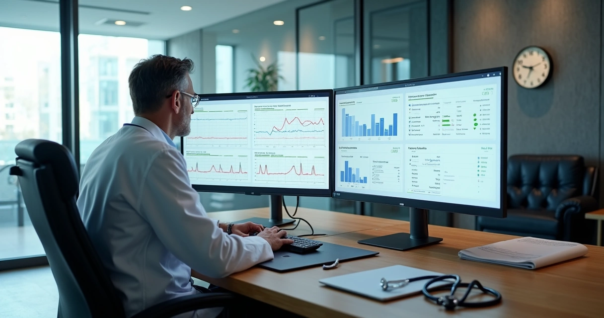 Cardiologista proprietário revisando painéis digitais de laudos e finanças da clínica 