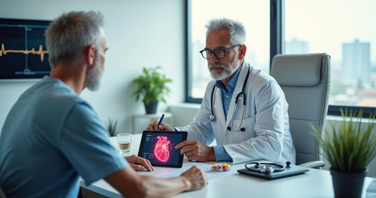 Cardiologista conversando com paciente sobre insuficiência cardíaca em consultório moderno 