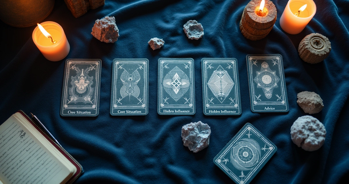 Three decks arranged on a reading cloth with labeled positions 