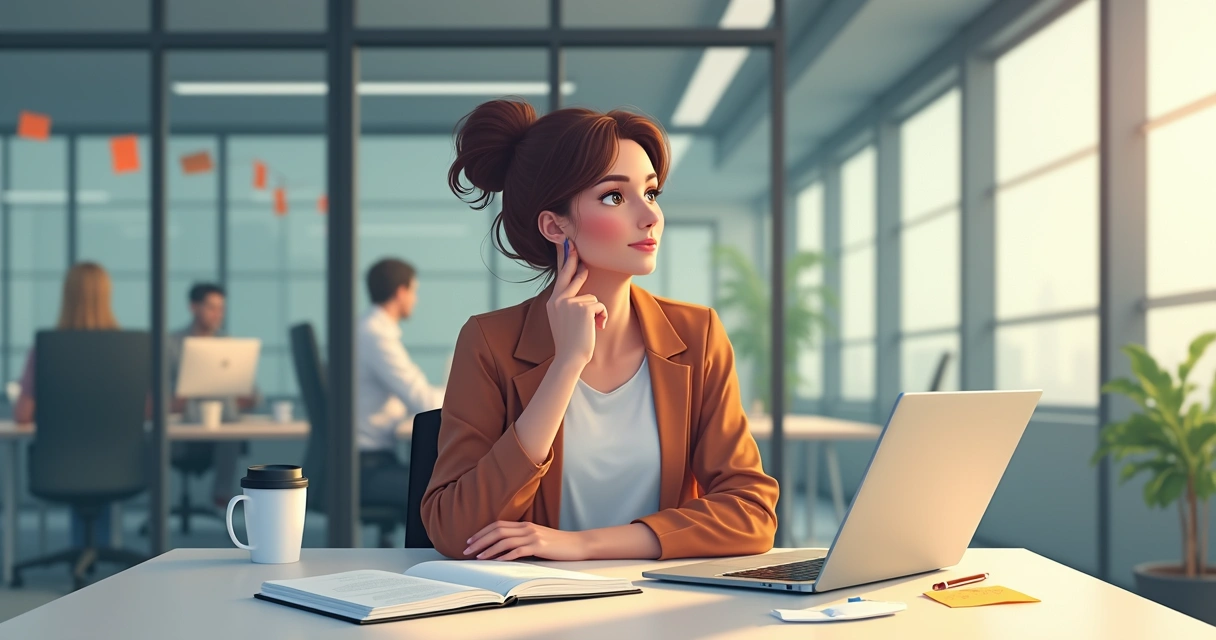 Professional woman reflecting at her desk with notes and laptop in a bright office 