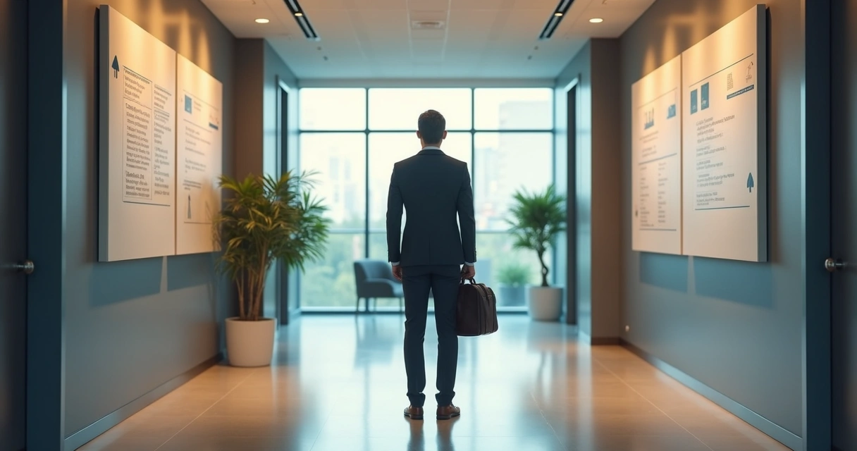 Professional standing at a hallway crossroads with directional signs