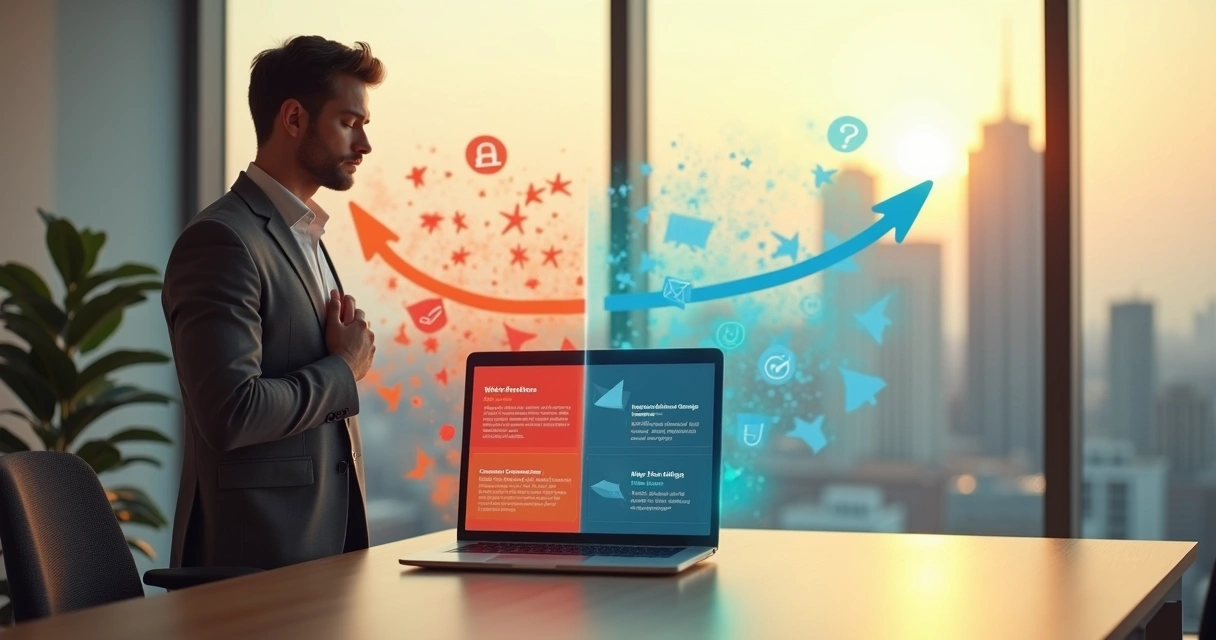 Professional pausing between two career paths in a calm office setting 