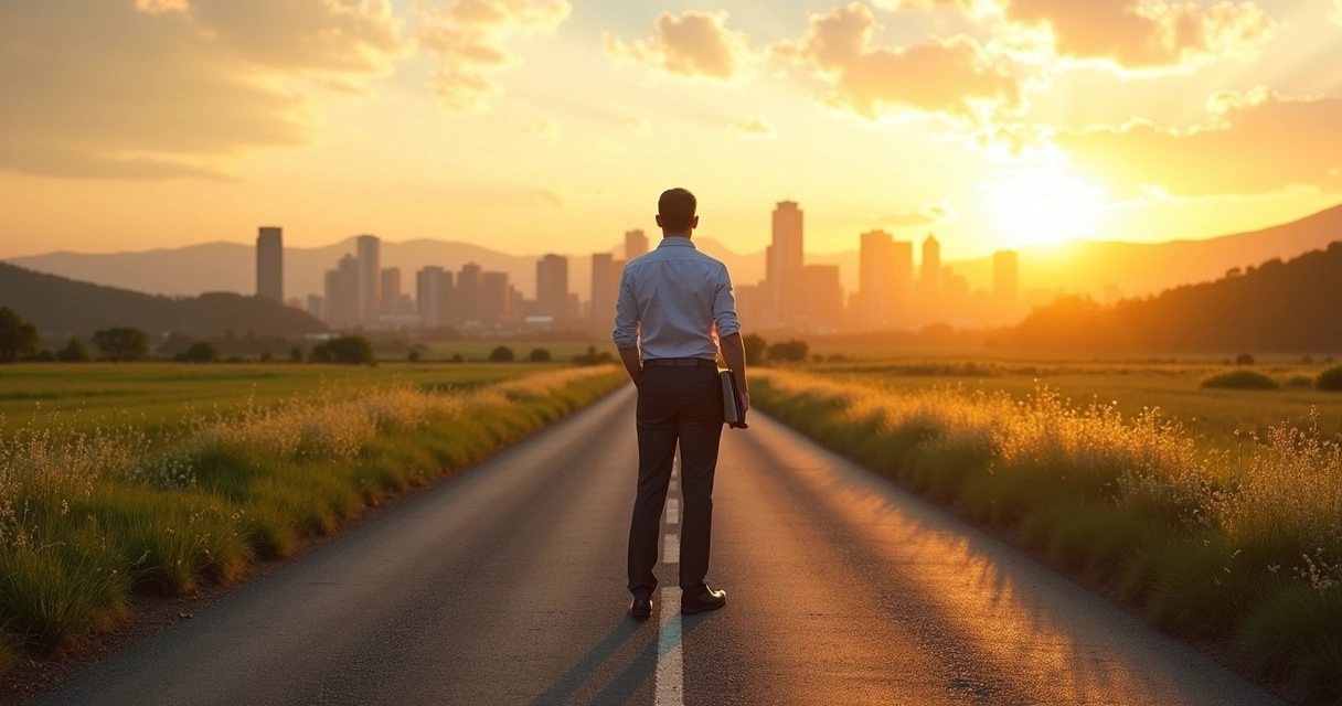 Man standing on split path looking at distant city skyline. 