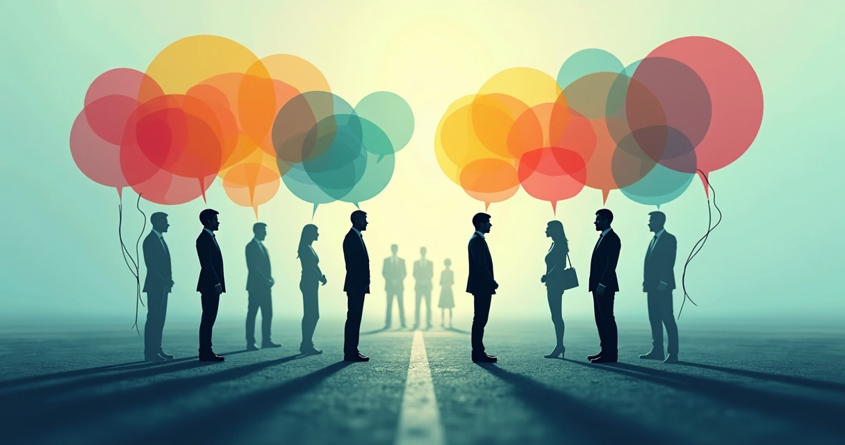 Abstract concept of emotional patterns in career choices, with silhouettes of people facing different directions and overlapping circles symbolizing thoughts and feelings