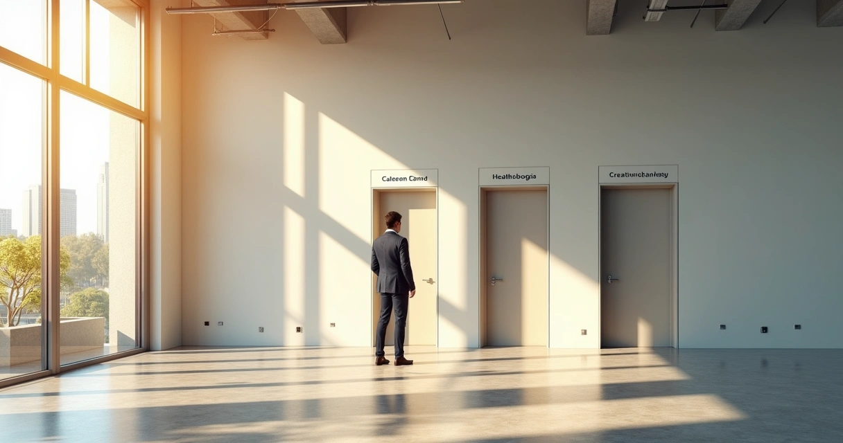 Professional choosing between different career paths in an office setting 