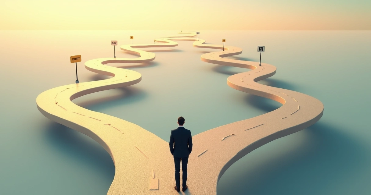 Person standing at a career crossroads with different paths ahead 