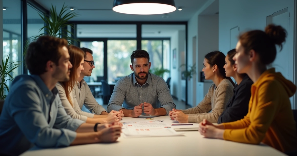 Leaders and team members discussing career expectations around a table in an office 