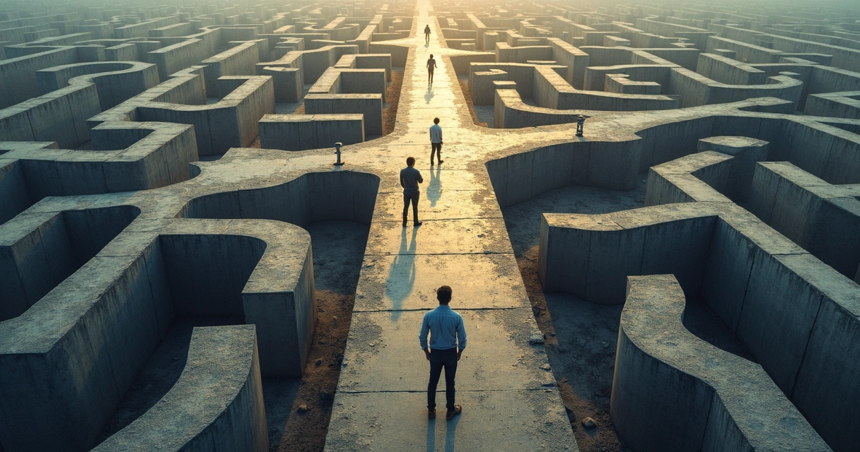 Labyrinth with people at crossroads showing career choices and hidden walls