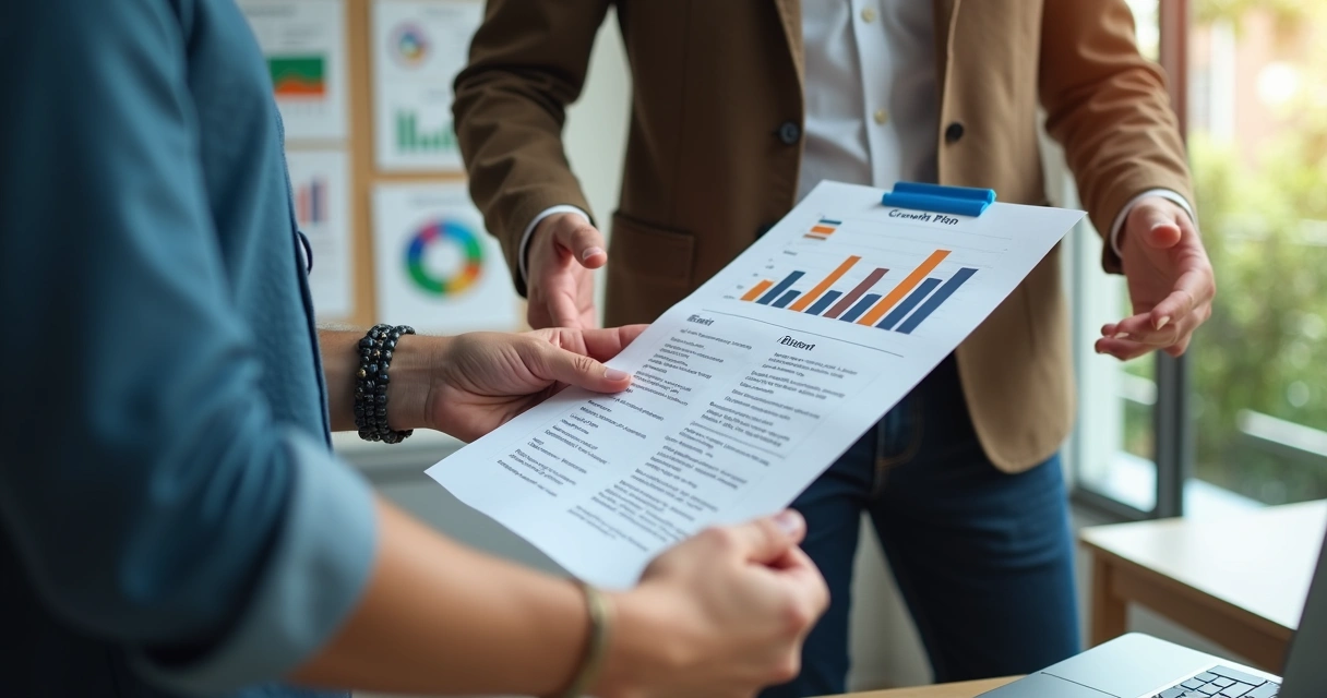 Professional helping a colleague while reviewing a growth plan
