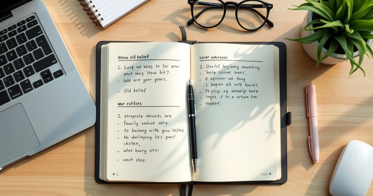Open journal on desk with notes about values and career choices
