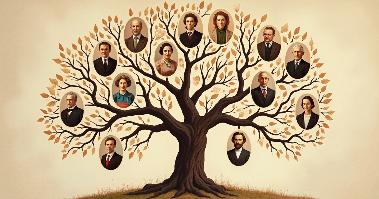 Illustration of a family tree with career symbols connected across generations 