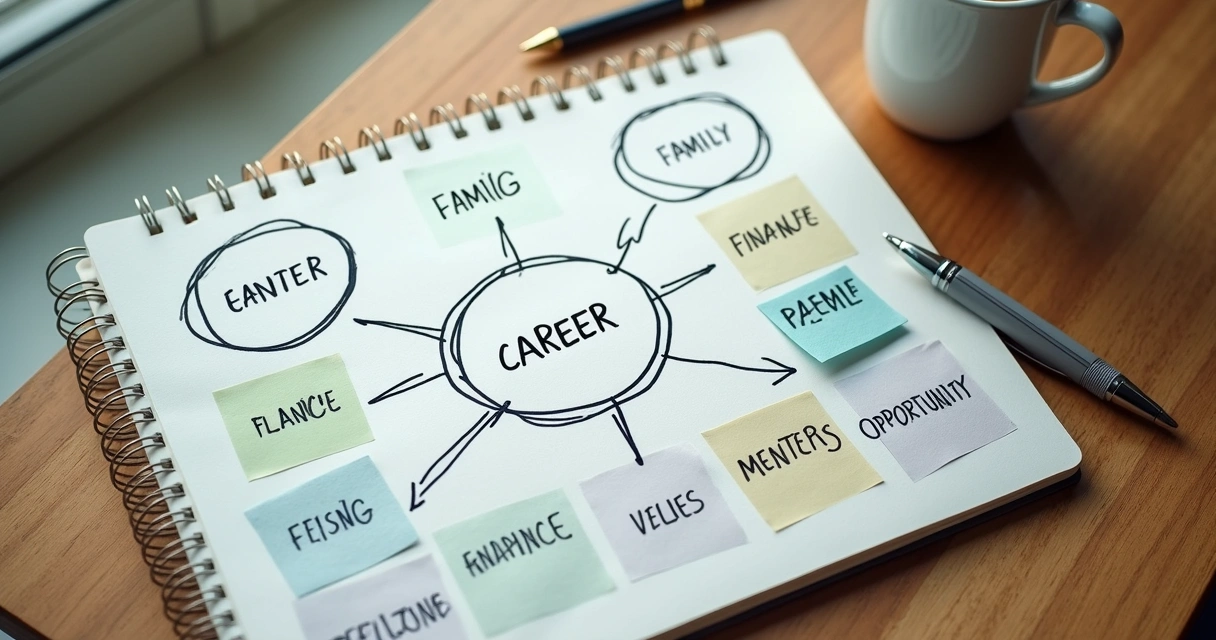 Notebook with career map, sticky notes, and connecting lines on a desk