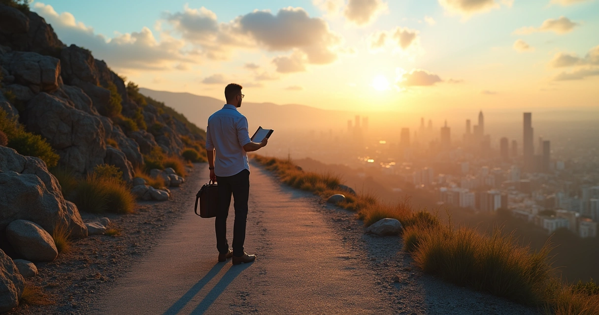 Professional standing on a mountain path overlooking a city skyline at sunrise 