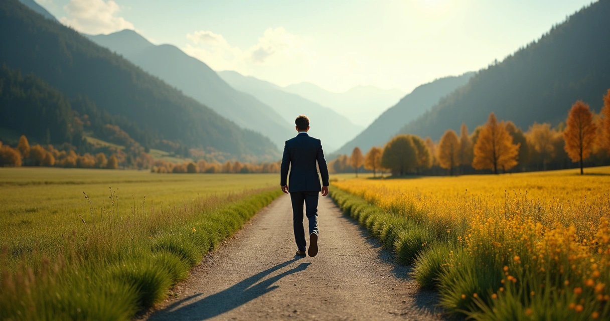 Person walking a path with milestones.