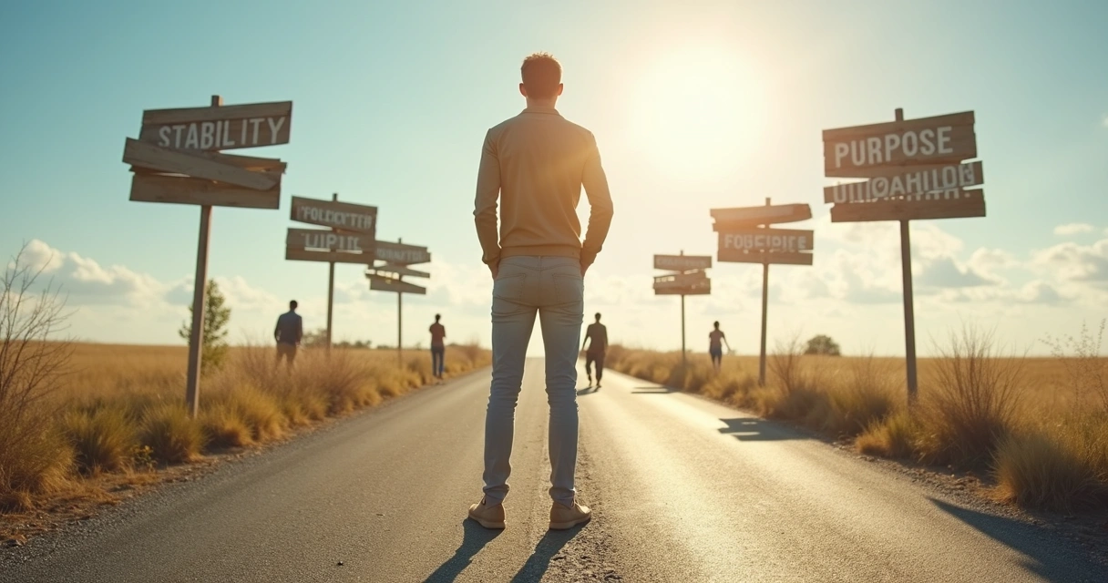 Person standing at professional crossroads with multiple paths and signs 