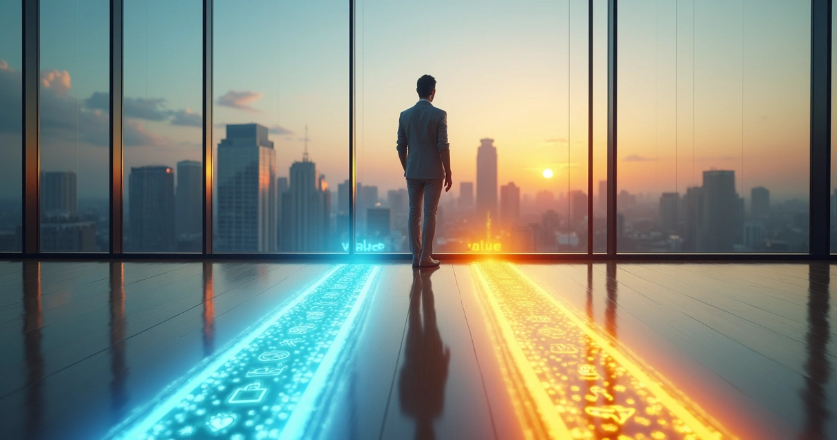 Professional choosing between career paths with values icons in city office 