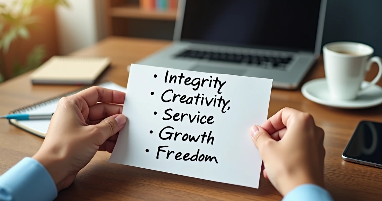 Hands holding a paper with values like integrity and creativity. 