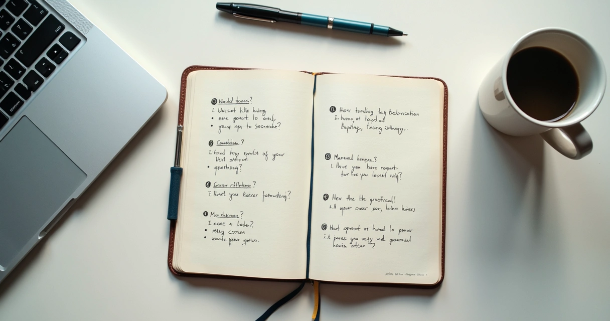Notebook with career notes beside a laptop and coffee cup