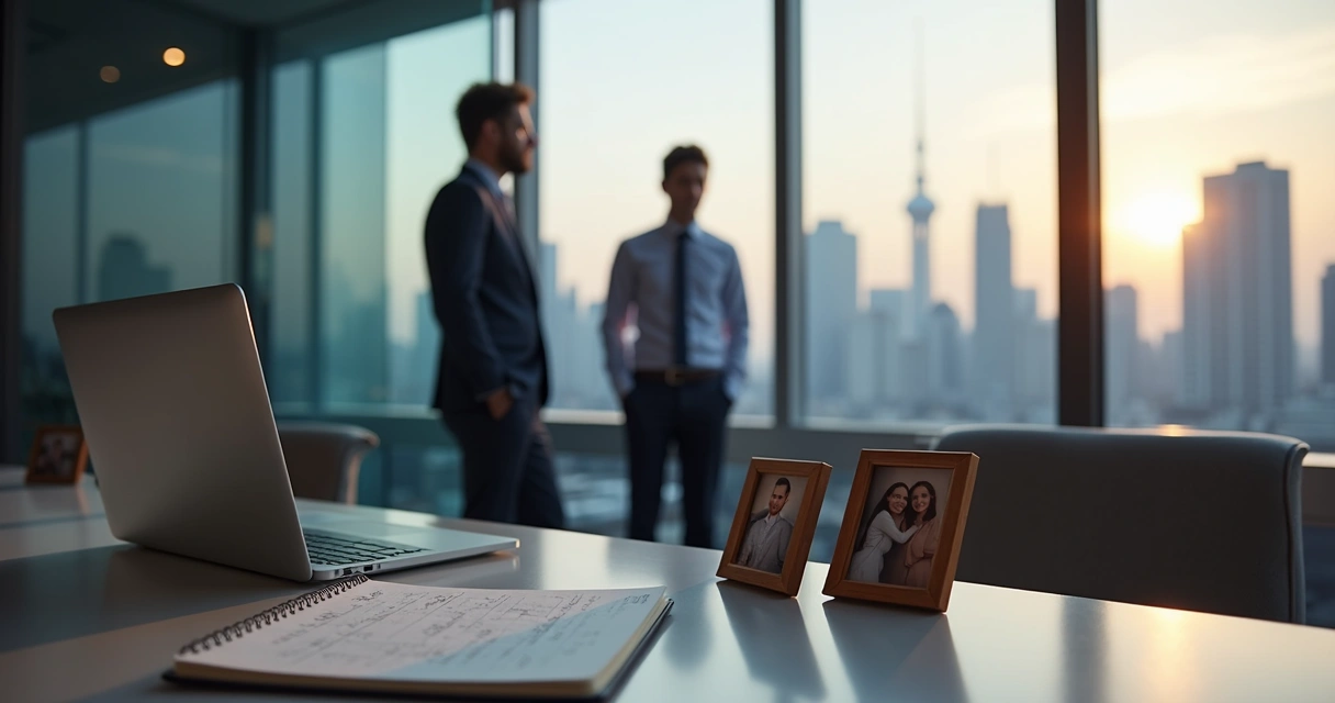 Person looking at city from office window with family photos on desk 